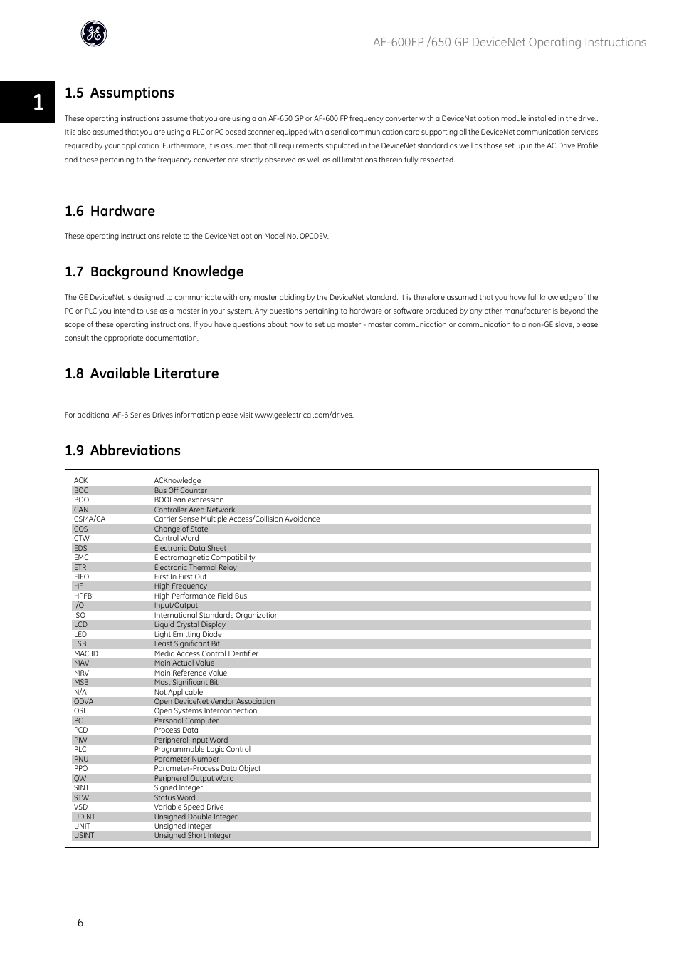 5 assumptions, 6 hardware, 7 background knowledge | 8 available literature, 9 abbreviations | GE Industrial Solutions AF-650 GP DeviceNet User Manual | Page 7 / 59