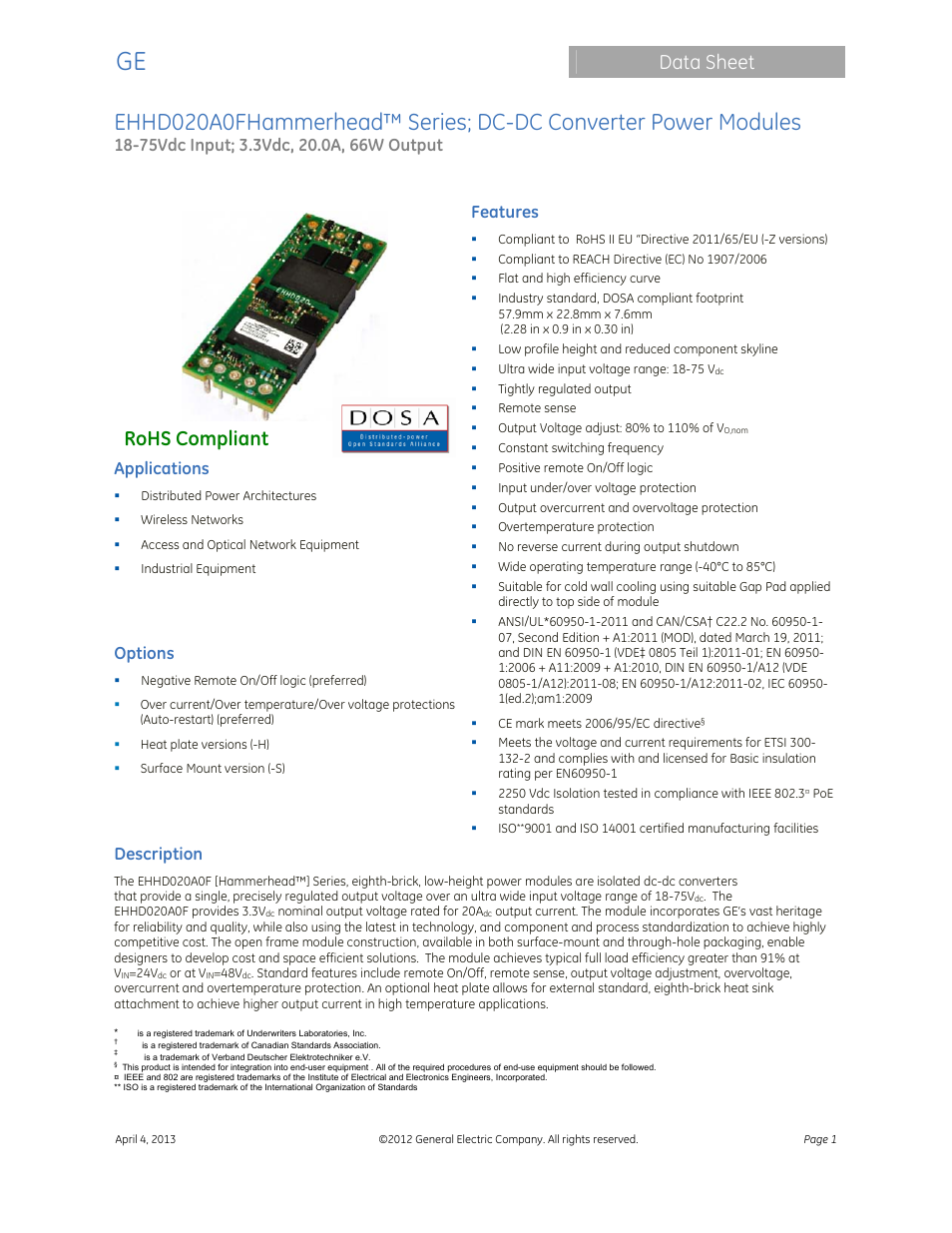 GE Industrial Solutions EHHD020A0F Hammerhead Series User Manual | 20 pages