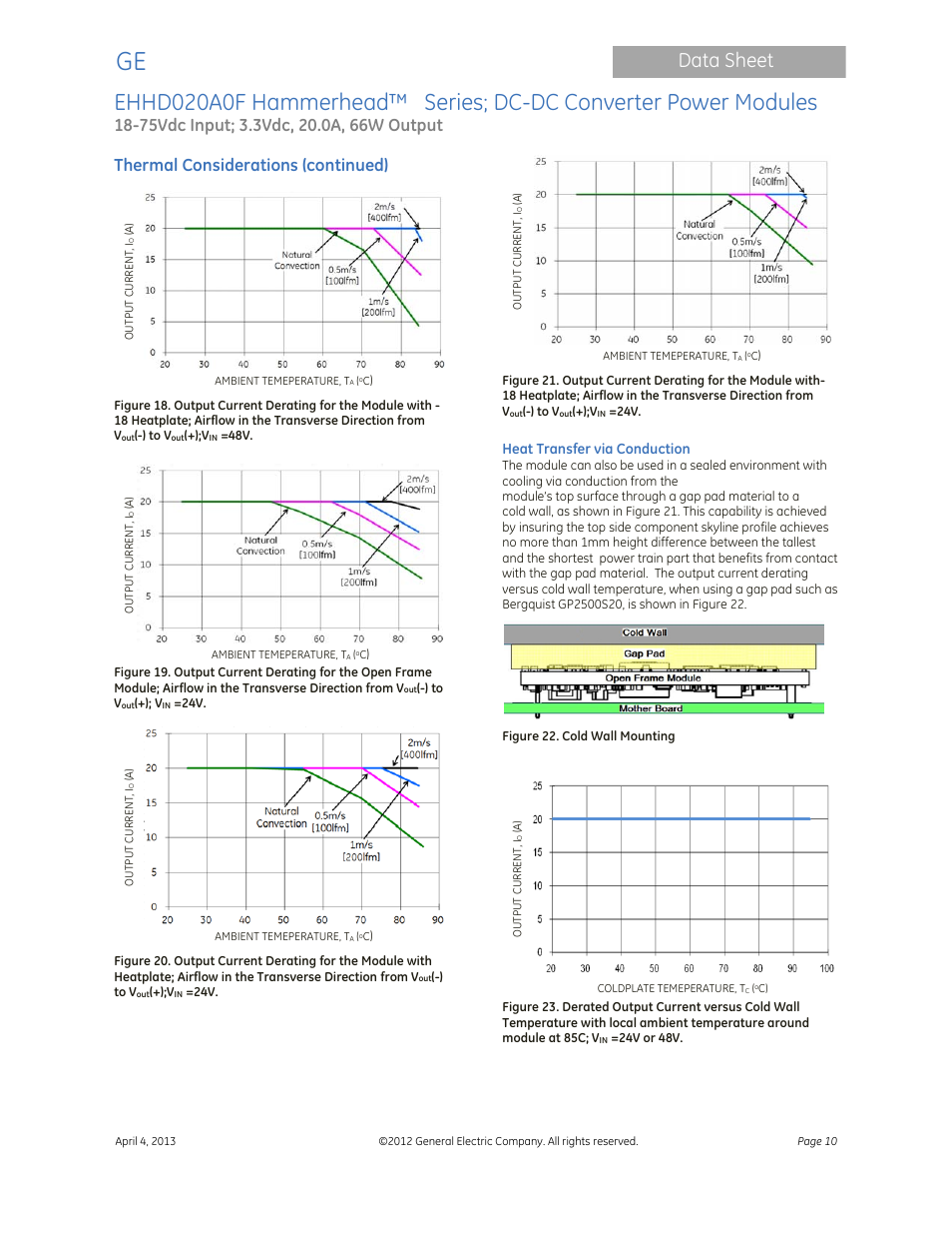 Data sheet, Thermal considerations (continued) | GE Industrial Solutions EHHD020A0F Hammerhead Series User Manual | Page 10 / 20