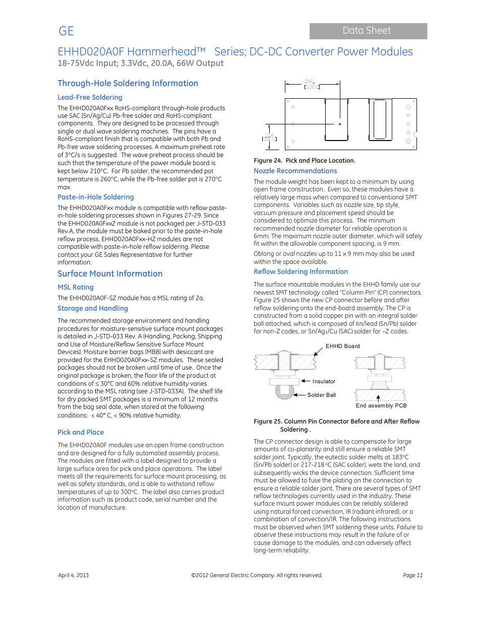 Data sheet | GE Industrial Solutions EHHD020A0F Hammerhead Series User Manual | Page 11 / 20