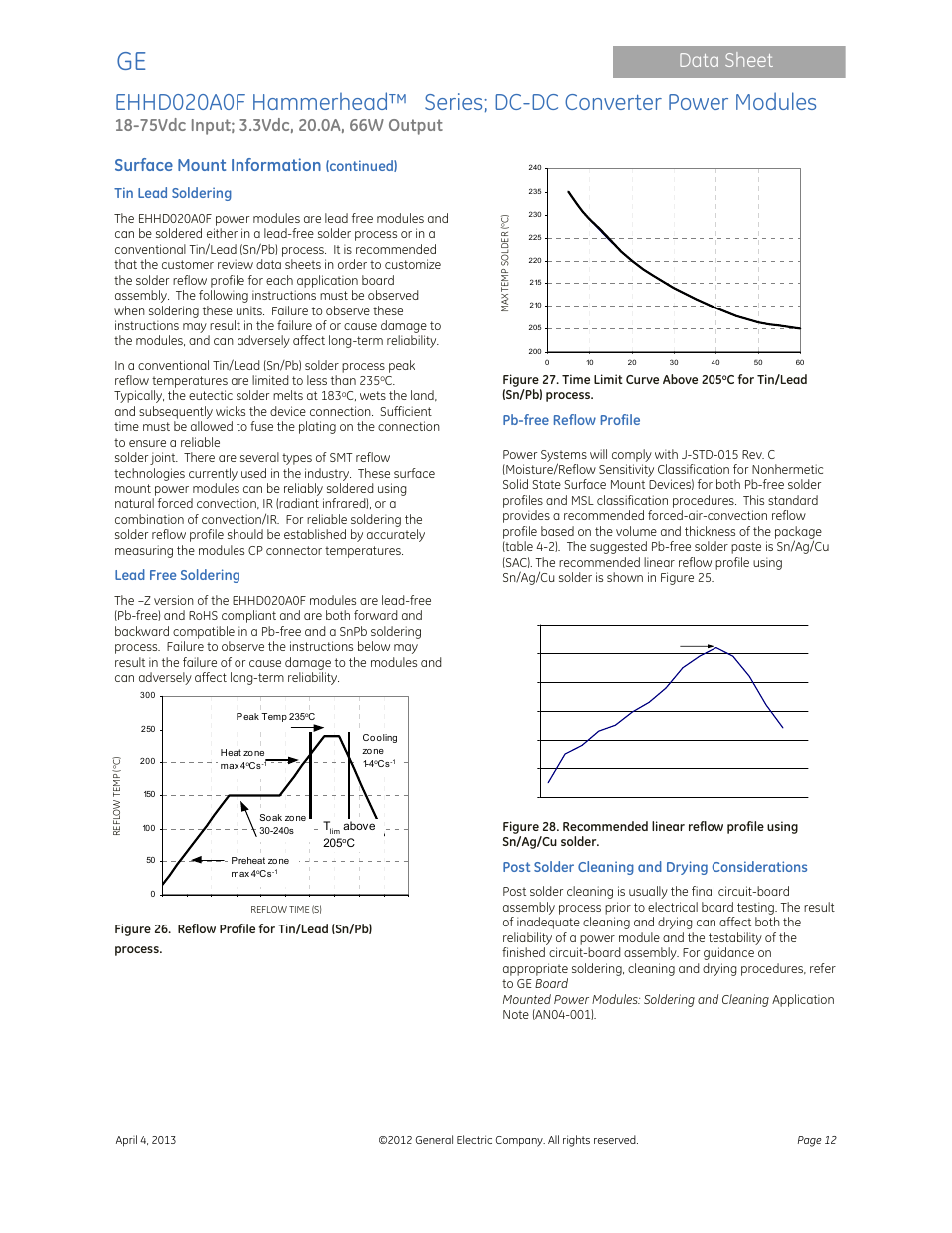Data sheet, Surface mount information | GE Industrial Solutions EHHD020A0F Hammerhead Series User Manual | Page 12 / 20