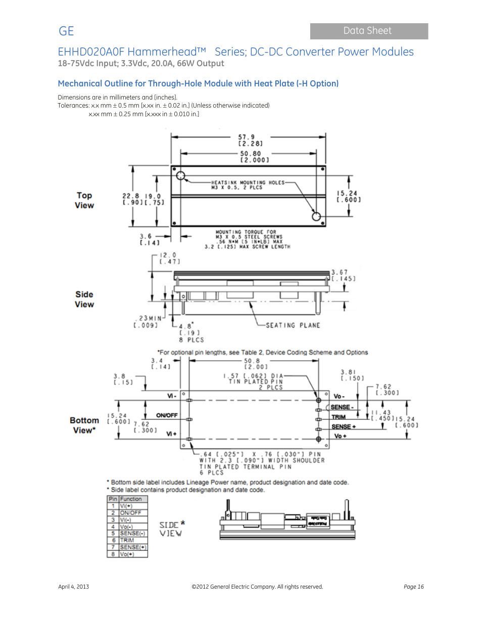 GE Industrial Solutions EHHD020A0F Hammerhead Series User Manual | Page 16 / 20