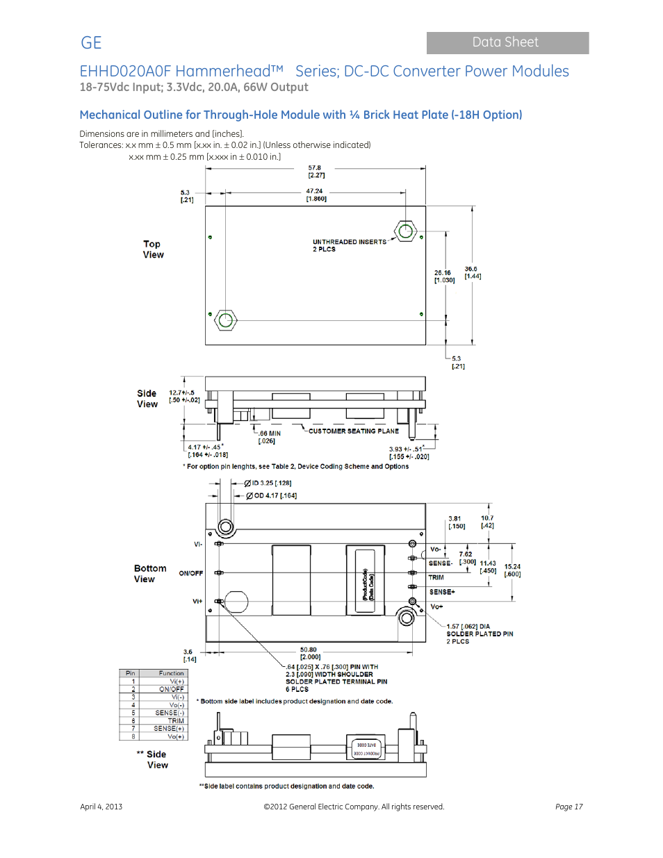Data sheet | GE Industrial Solutions EHHD020A0F Hammerhead Series User Manual | Page 17 / 20