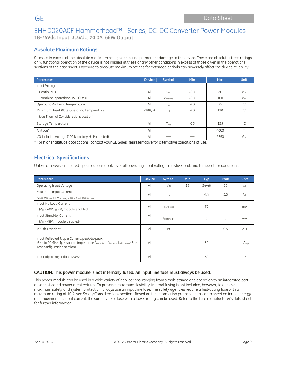 Data sheet, Absolute maximum ratings, Electrical specifications | GE Industrial Solutions EHHD020A0F Hammerhead Series User Manual | Page 2 / 20