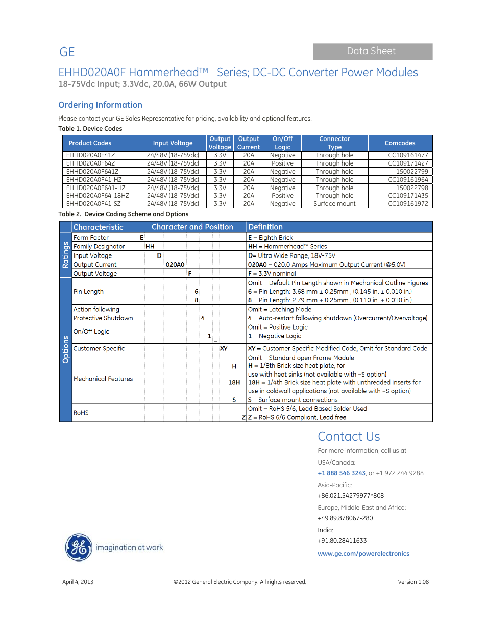 Contact us, Data sheet | GE Industrial Solutions EHHD020A0F Hammerhead Series User Manual | Page 20 / 20