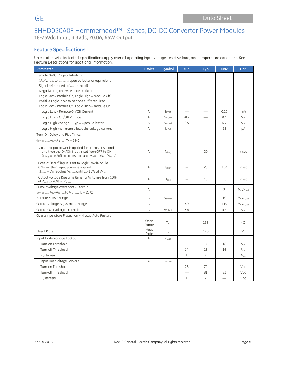 Data sheet, Feature specifications | GE Industrial Solutions EHHD020A0F Hammerhead Series User Manual | Page 4 / 20