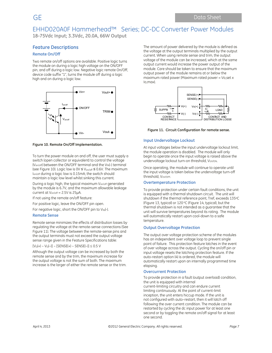 Data sheet, Feature descriptions | GE Industrial Solutions EHHD020A0F Hammerhead Series User Manual | Page 7 / 20