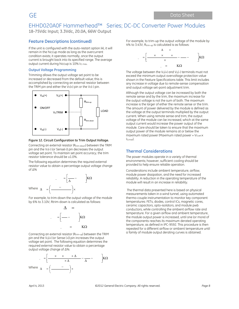 Data sheet, Feature descriptions (continued), Thermal considerations | GE Industrial Solutions EHHD020A0F Hammerhead Series User Manual | Page 8 / 20