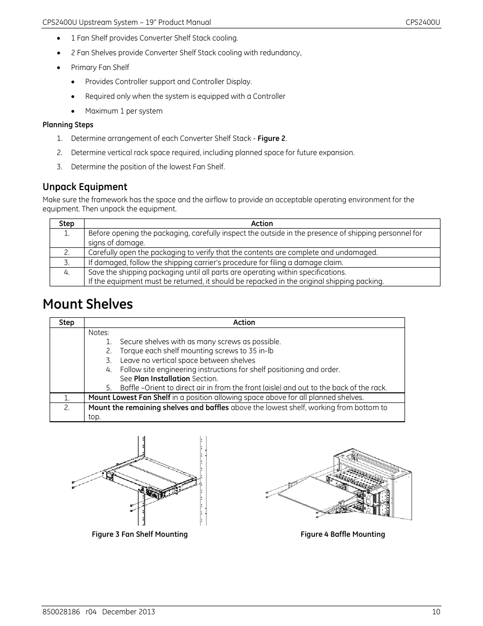 Unpack equipment, Mount shelves, Figure 3 fan shelf mounting | Figure 4 baffle mounting | GE Industrial Solutions CPS2400U User Manual | Page 10 / 48