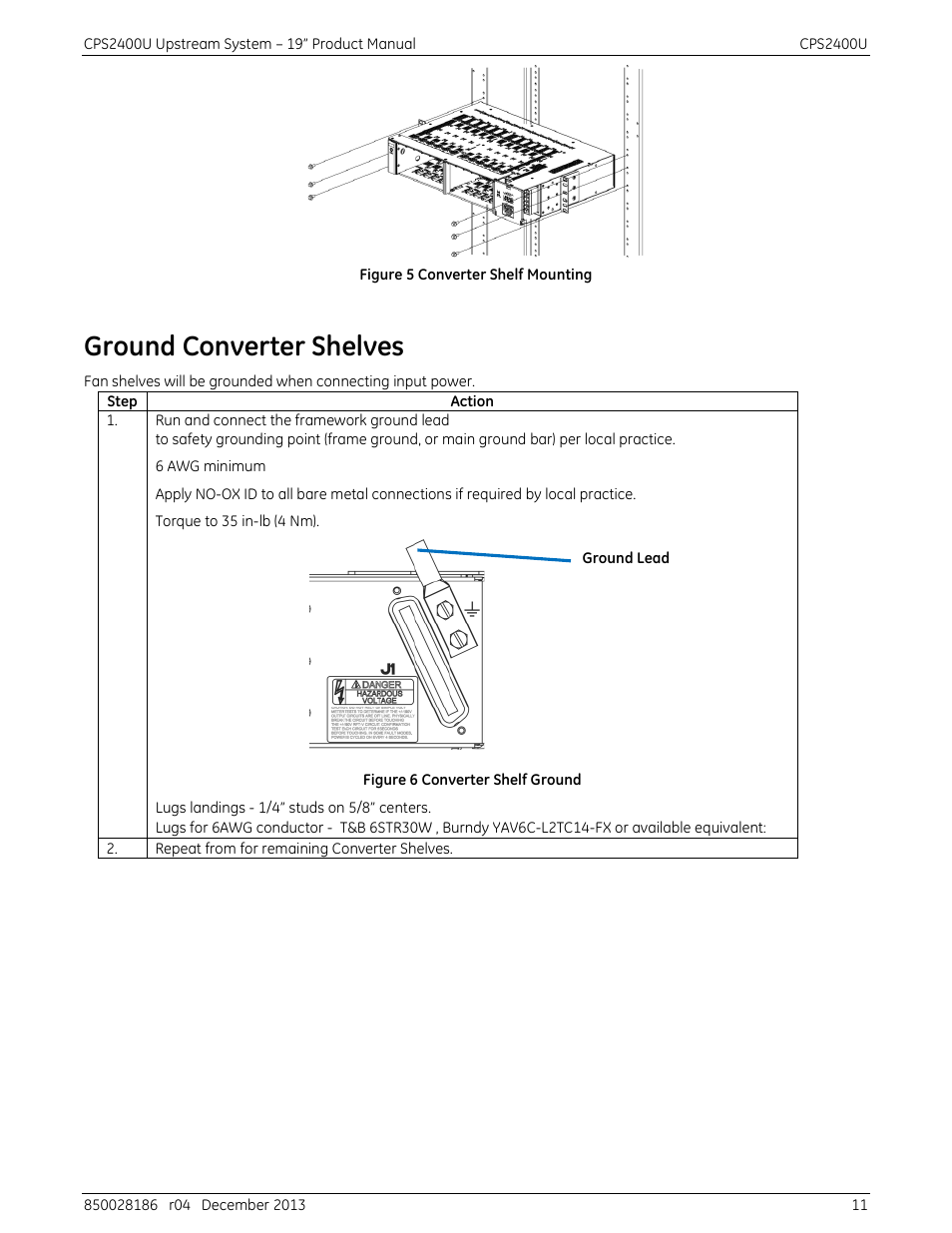 Ground converter shelves, Figure 5 converter shelf mounting, Figure 6 converter shelf ground | GE Industrial Solutions CPS2400U User Manual | Page 11 / 48
