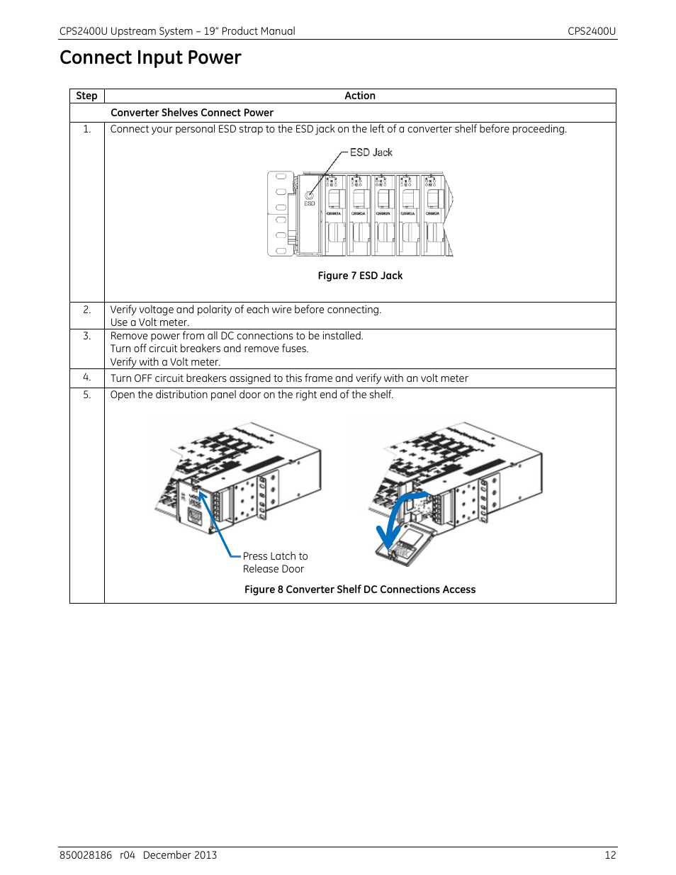 Connect input power, Figure 7 esd jack, Figure 8 converter shelf dc connections access | GE Industrial Solutions CPS2400U User Manual | Page 12 / 48