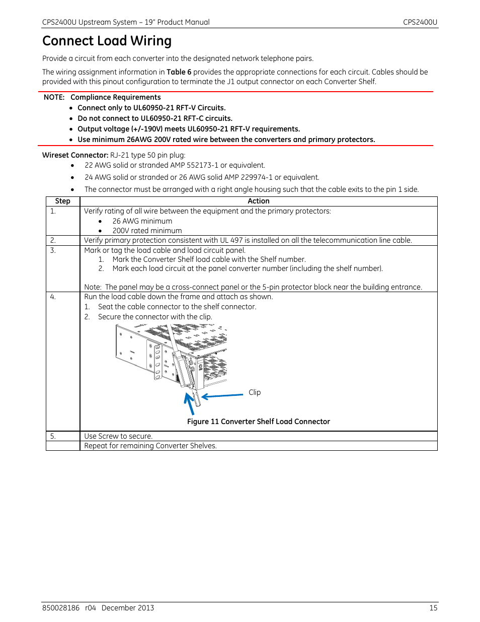 Connect load wiring, Figure 11 converter shelf load connector | GE Industrial Solutions CPS2400U User Manual | Page 15 / 48