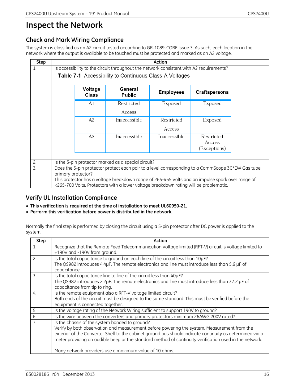 Inspect the network, Check and mark wiring compliance, Verify ul installation compliance | GE Industrial Solutions CPS2400U User Manual | Page 16 / 48