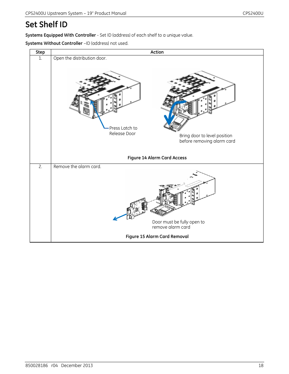 Set shelf id, Figure 14 alarm card access, Figure 15 alarm card removal | GE Industrial Solutions CPS2400U User Manual | Page 18 / 48