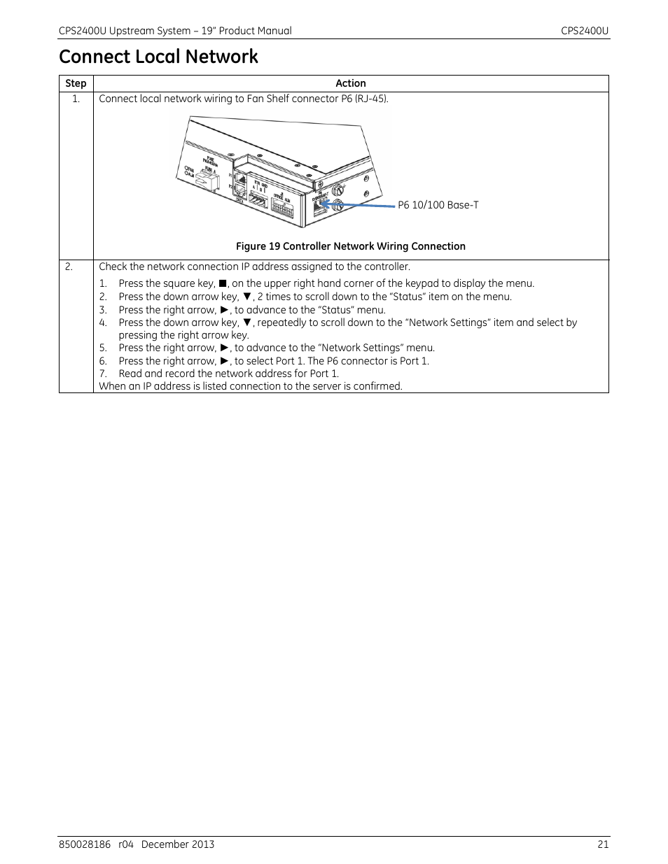 Connect local network, Figure 19 controller network wiring connection | GE Industrial Solutions CPS2400U User Manual | Page 21 / 48