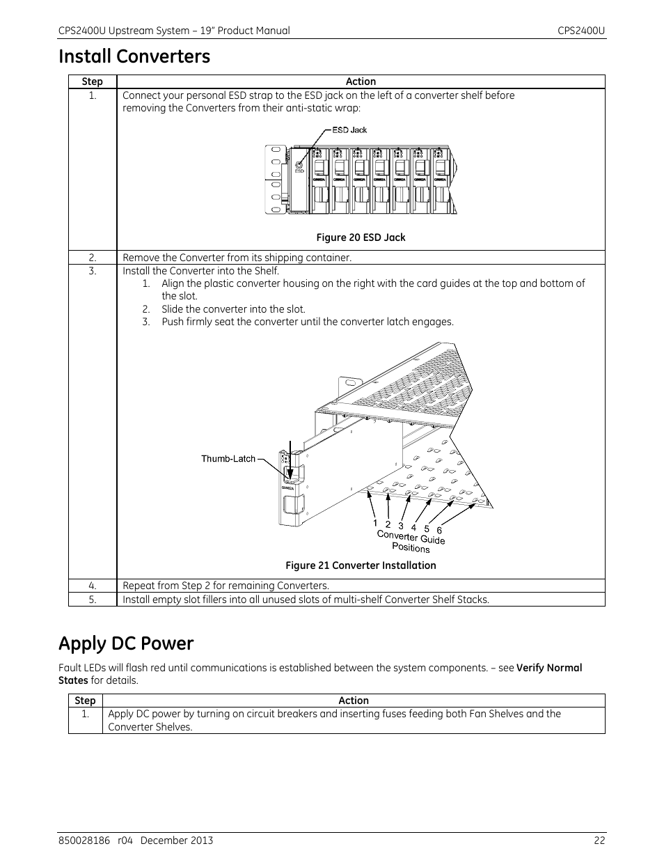 Install converters, Apply dc power, Figure 20 esd jack | Figure 21 converter installation | GE Industrial Solutions CPS2400U User Manual | Page 22 / 48