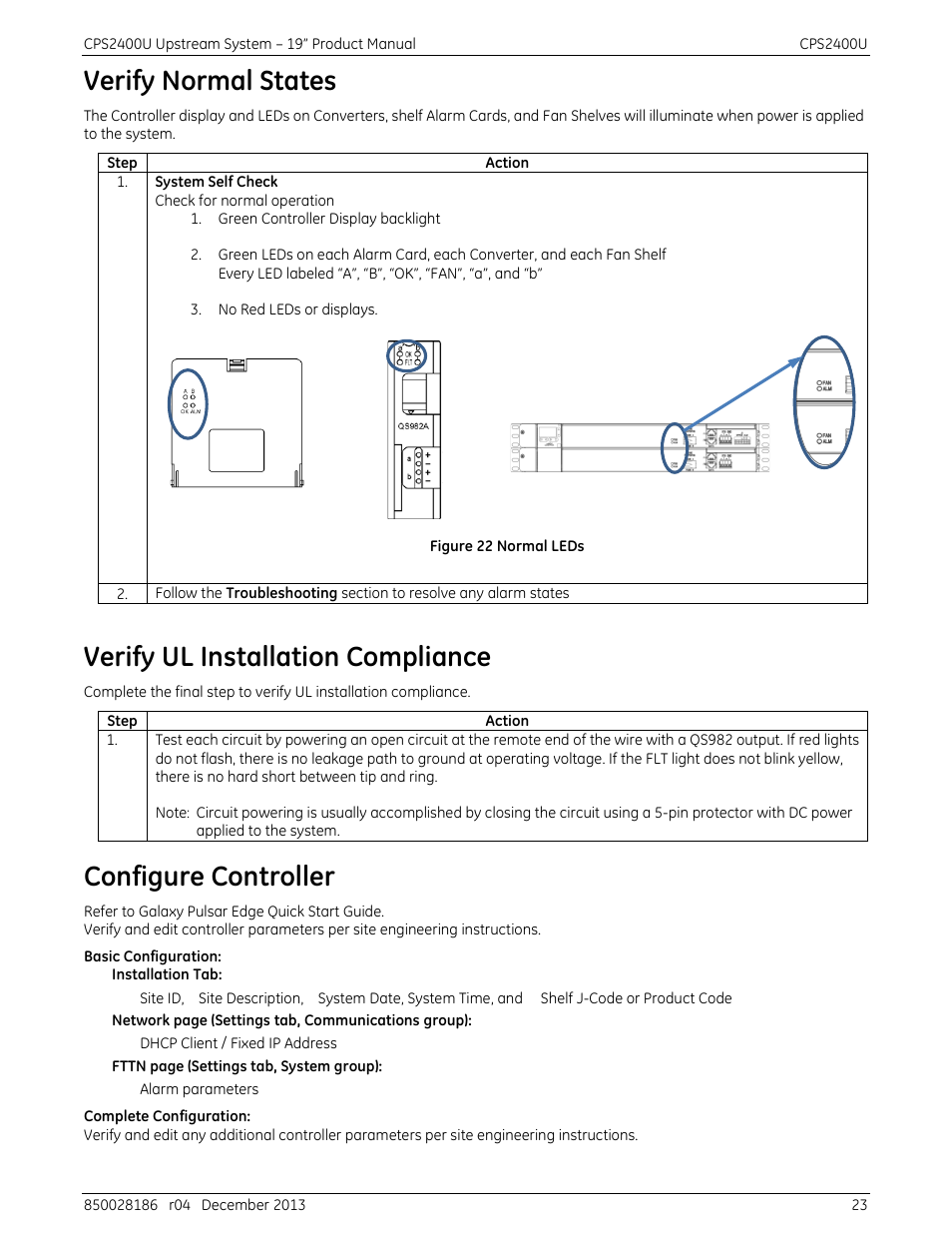Verify normal states, Verify ul installation compliance, Configure controller | Figure 22 normal leds | GE Industrial Solutions CPS2400U User Manual | Page 23 / 48