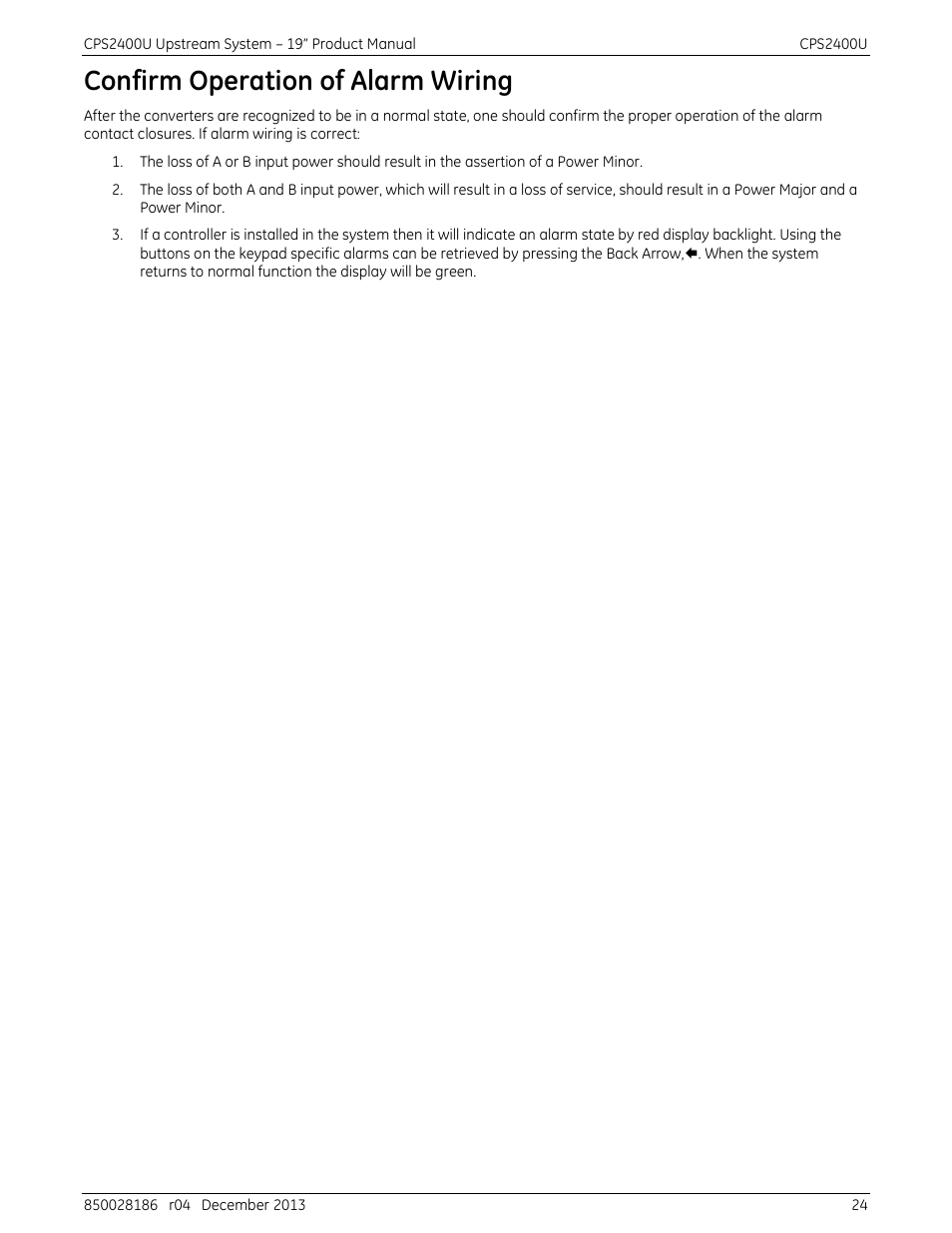 Confirm operation of alarm wiring | GE Industrial Solutions CPS2400U User Manual | Page 24 / 48