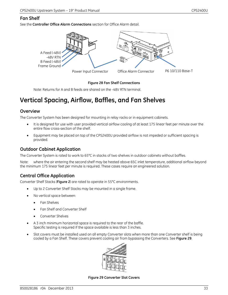 Fan shelf, Overview, Outdoor cabinet application | Central office application, Figure 28 fan shelf connections, Figure 29 converter slot covers | GE Industrial Solutions CPS2400U User Manual | Page 33 / 48