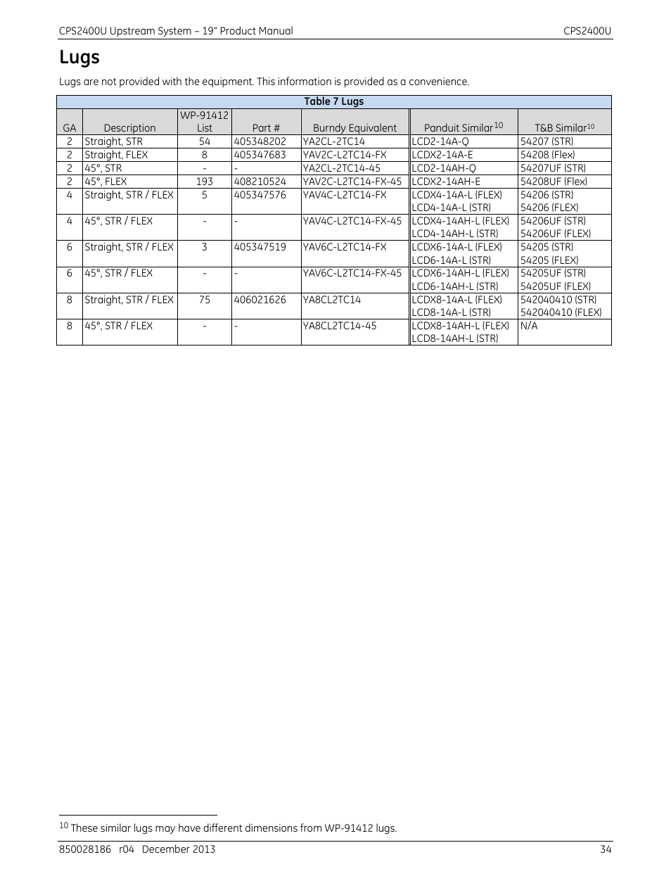 Lugs, Table 7 lugs | GE Industrial Solutions CPS2400U User Manual | Page 34 / 48