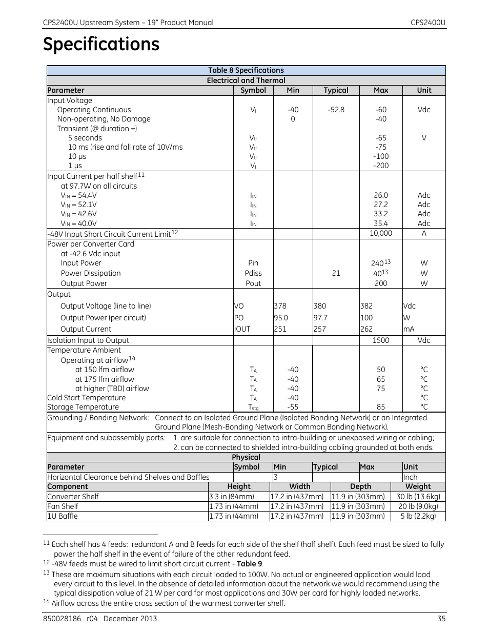 Specifications, Table 8 specifications | GE Industrial Solutions CPS2400U User Manual | Page 35 / 48