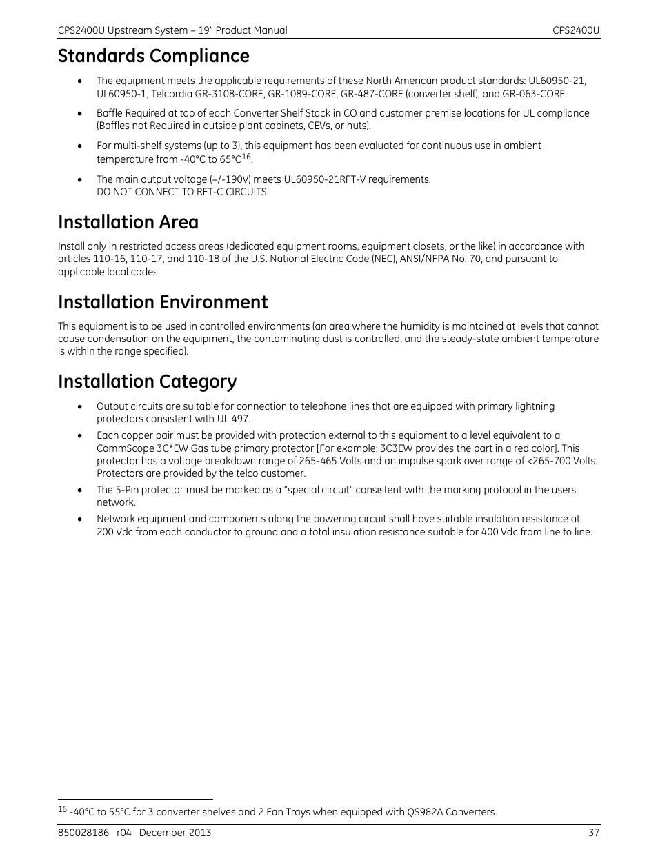 Standards compliance, Installation area, Installation environment | Installation category | GE Industrial Solutions CPS2400U User Manual | Page 37 / 48