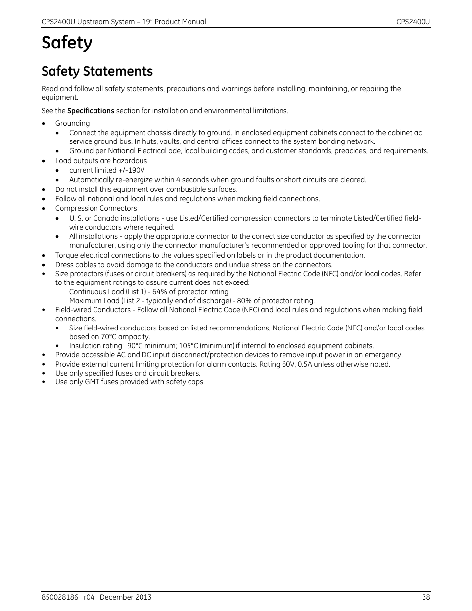 Safety, Safety statements | GE Industrial Solutions CPS2400U User Manual | Page 38 / 48