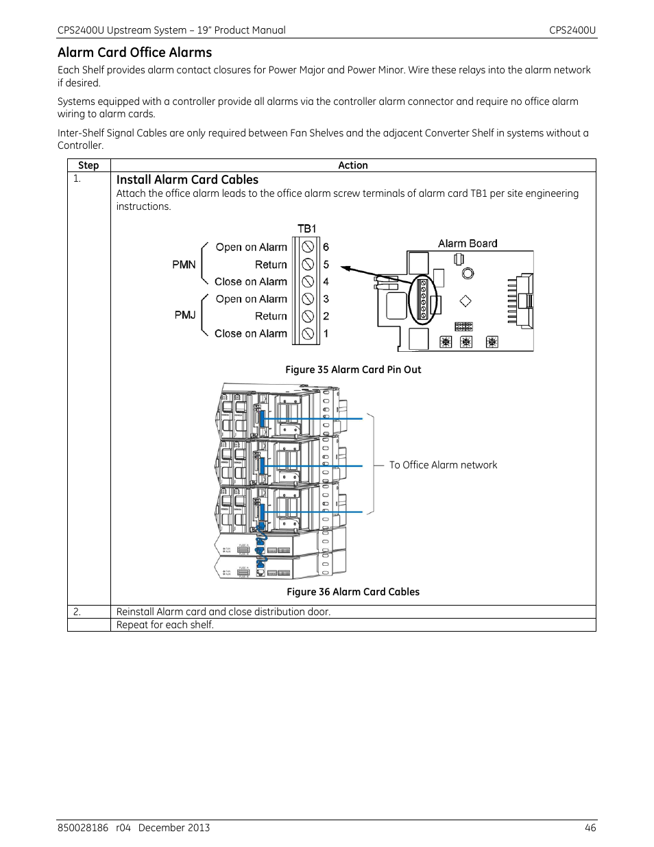 Alarm card office alarms, Figure 35 alarm card pin out, Figure 36 alarm card cables | GE Industrial Solutions CPS2400U User Manual | Page 46 / 48