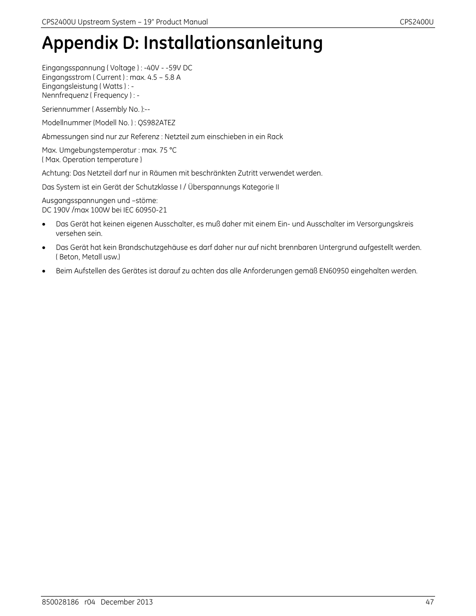 Appendix d: installationsanleitung | GE Industrial Solutions CPS2400U User Manual | Page 47 / 48