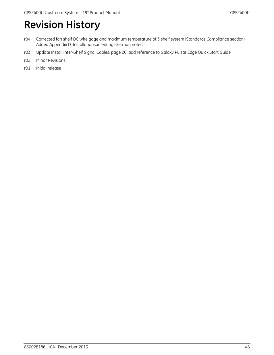 Revision history | GE Industrial Solutions CPS2400U User Manual | Page 48 / 48