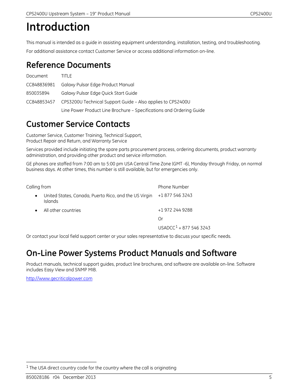 Introduction, Reference documents, Customer service contacts | On-line power systems product manuals and software | GE Industrial Solutions CPS2400U User Manual | Page 5 / 48