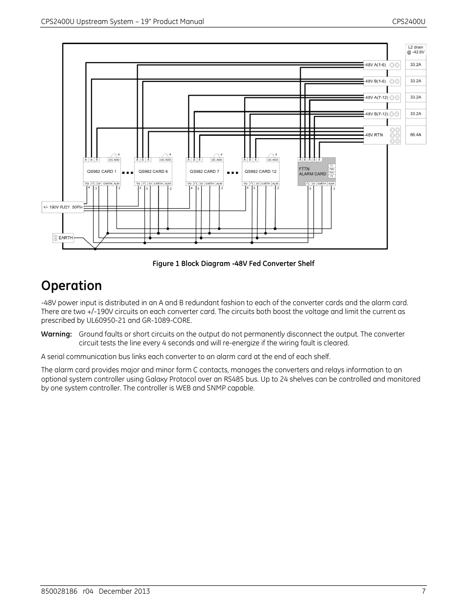 Operation, Figure 1 block diagram -48v fed converter shelf | GE Industrial Solutions CPS2400U User Manual | Page 7 / 48