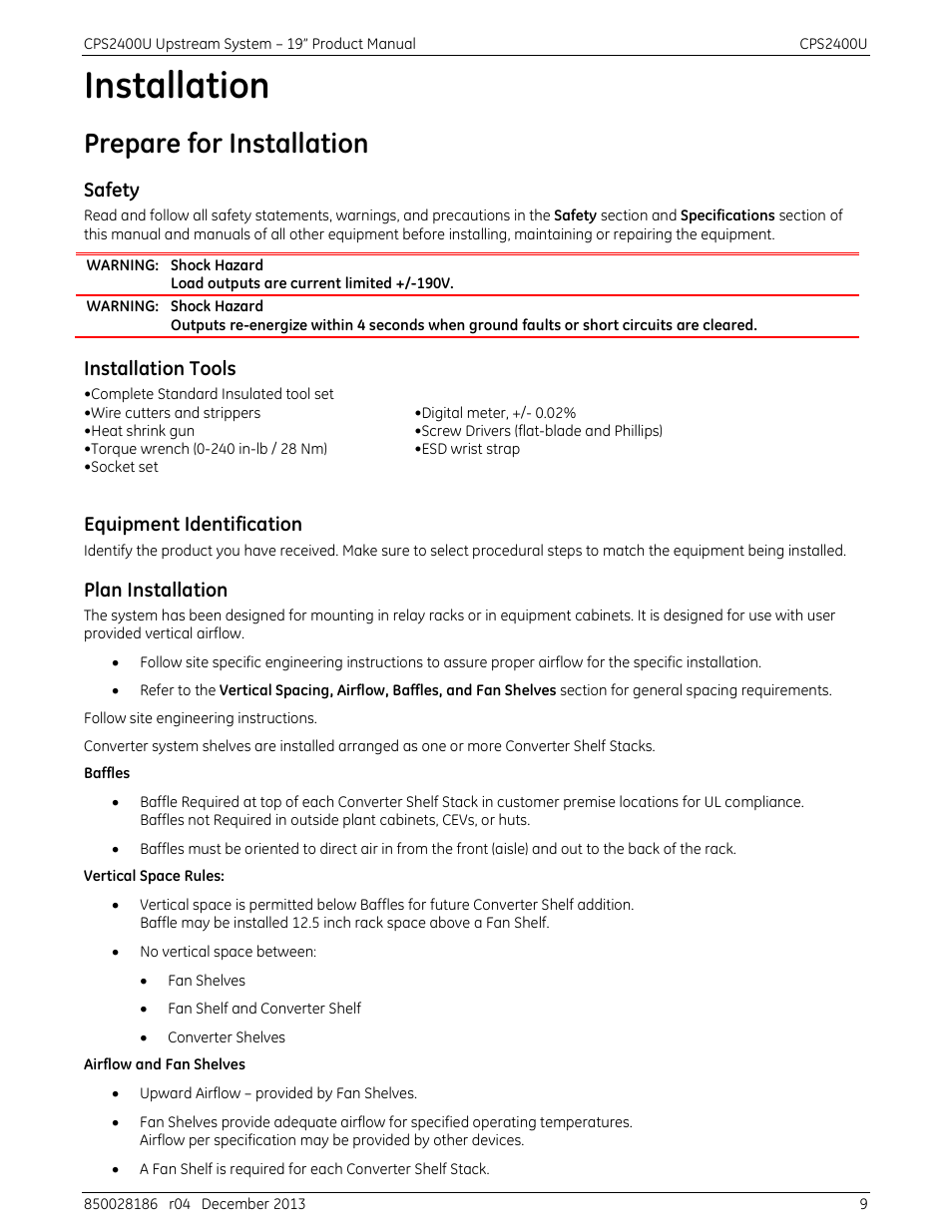 Installation, Prepare for installation, Safety | Installation tools, Equipment identification, Plan installation | GE Industrial Solutions CPS2400U User Manual | Page 9 / 48