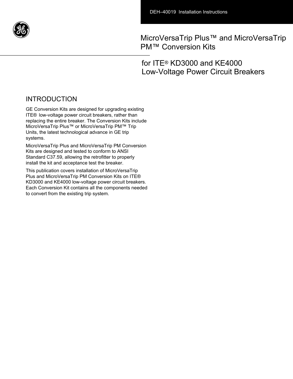 GE Industrial Solutions MicroVersaTrip Plus and MicroVersaTrip PM ITE KD3000 and KE4000 User Manual | 6 pages
