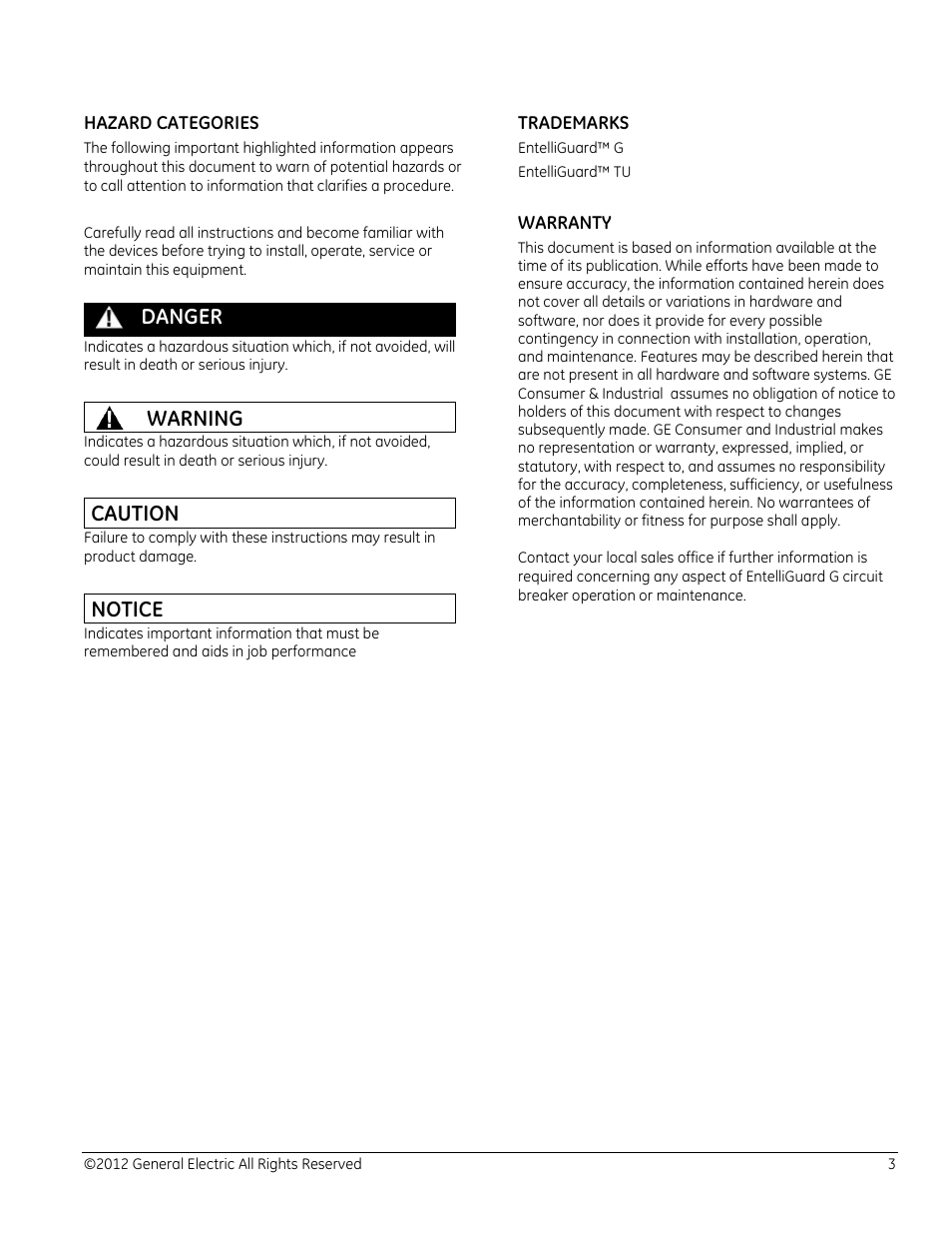 Danger, Warning, Caution | Notice | GE Industrial Solutions EntelliGuard G User Manual | Page 3 / 43