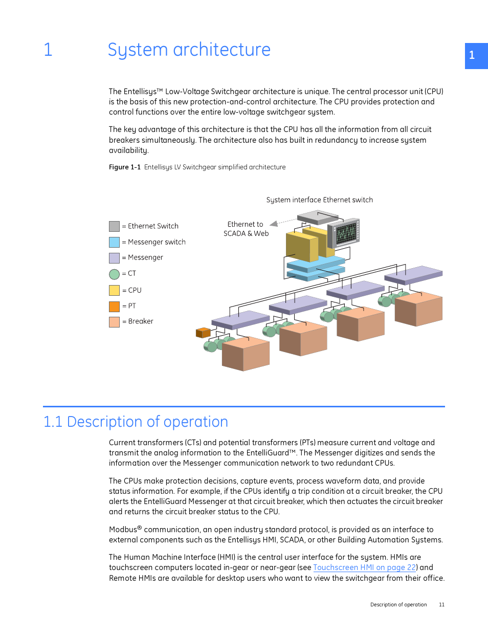 System architecture, 1 description of operation, 1 system architecture | 1system architecture | GE Industrial Solutions Entellisys System User Manual User Manual | Page 11 / 238