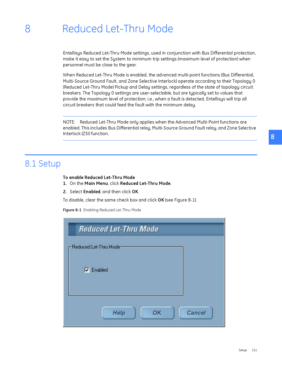 Reduced let-thru mode, 1 setup, 8 reduced let-thru mode | 8reduced let-thru mode | GE Industrial Solutions Entellisys System User Manual User Manual | Page 111 / 238