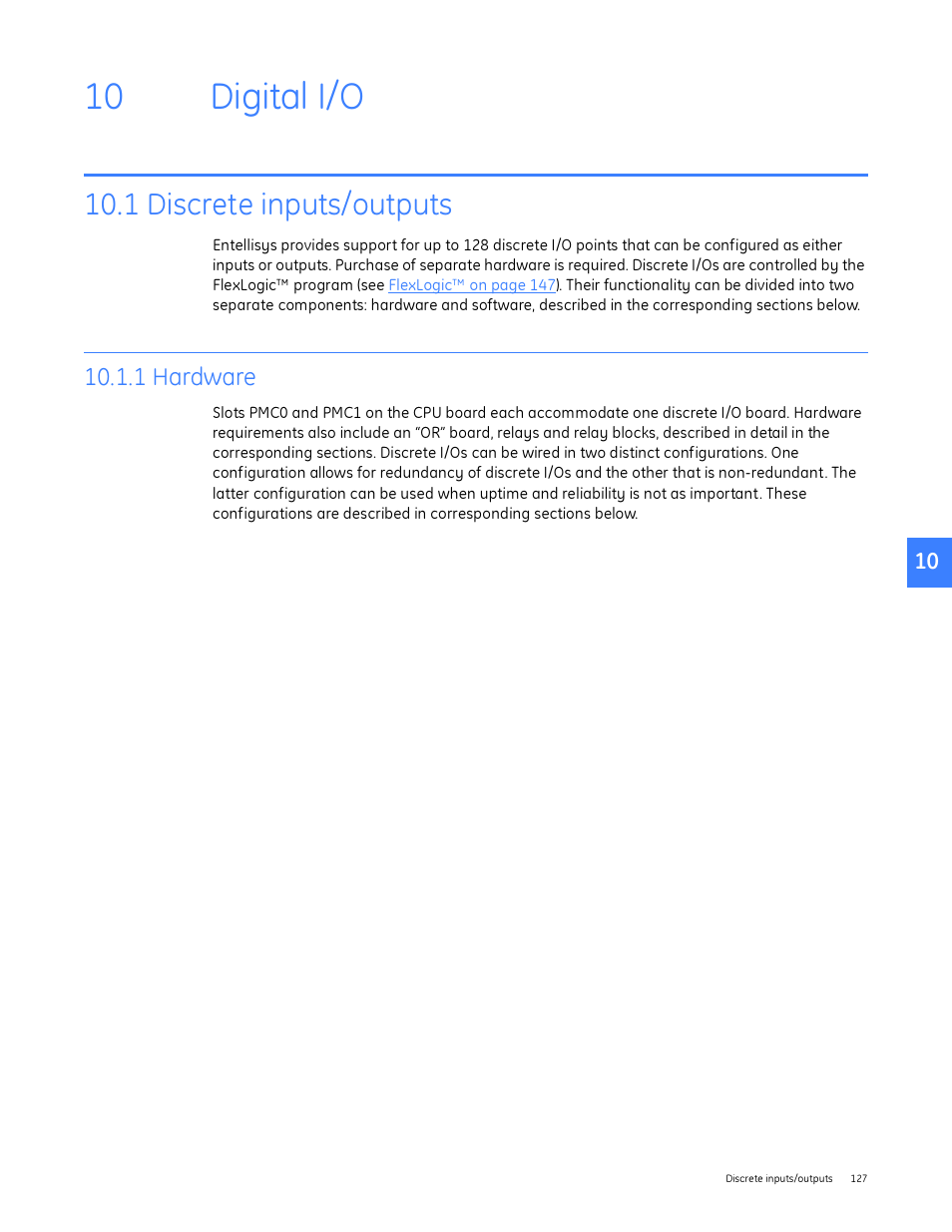 Digital i/o, 1 discrete inputs/outputs, 1 hardware | 10 digital i/o | GE Industrial Solutions Entellisys System User Manual User Manual | Page 127 / 238