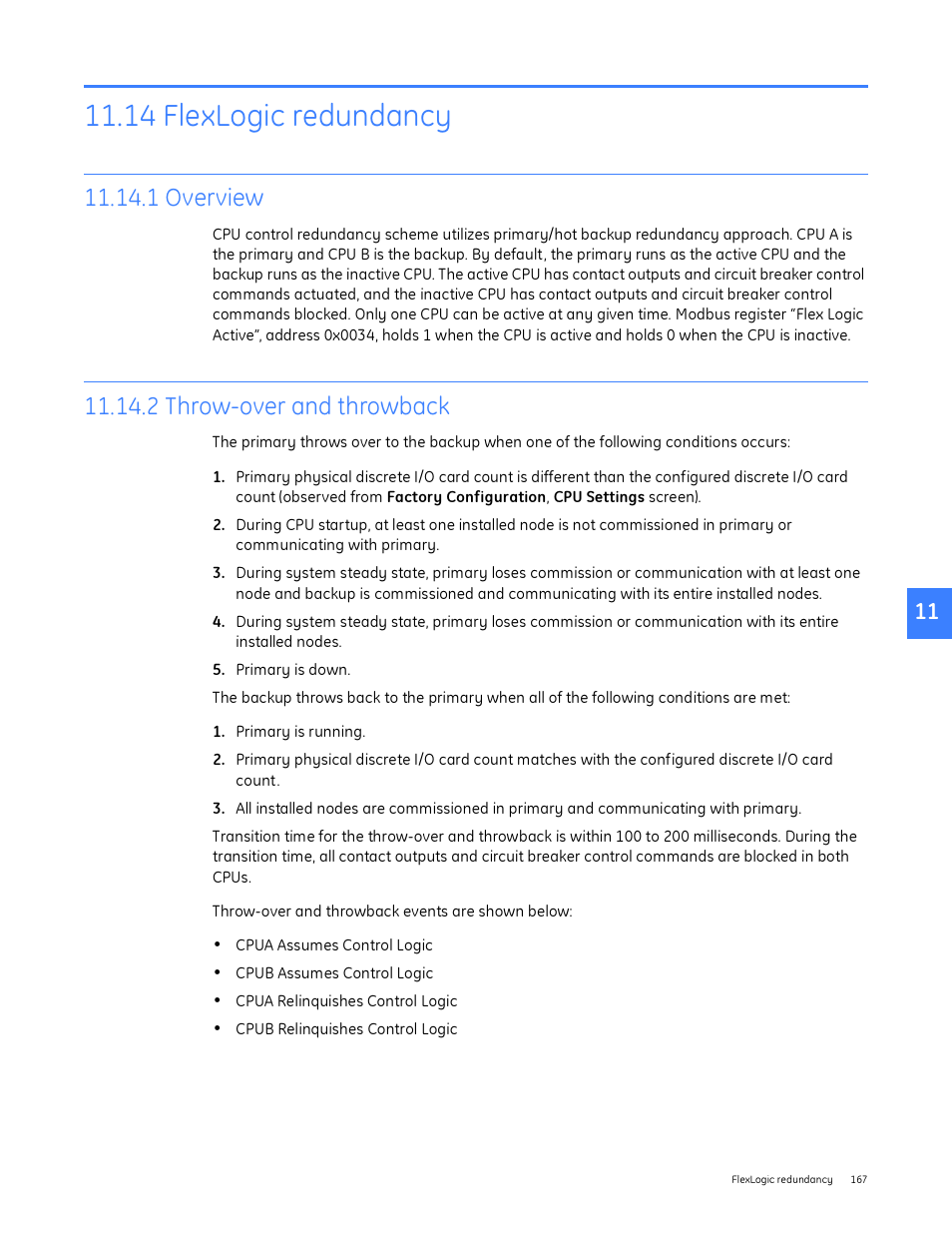 14 flexlogic redundancy, 1 overview, 2 throw-over and throwback | 1 overview 11.14.2 throw-over and throwback | GE Industrial Solutions Entellisys System User Manual User Manual | Page 167 / 238