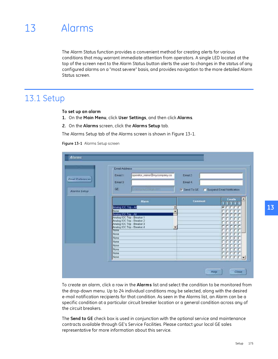 Alarms, 1 setup, 13 alarms | GE Industrial Solutions Entellisys System User Manual User Manual | Page 175 / 238