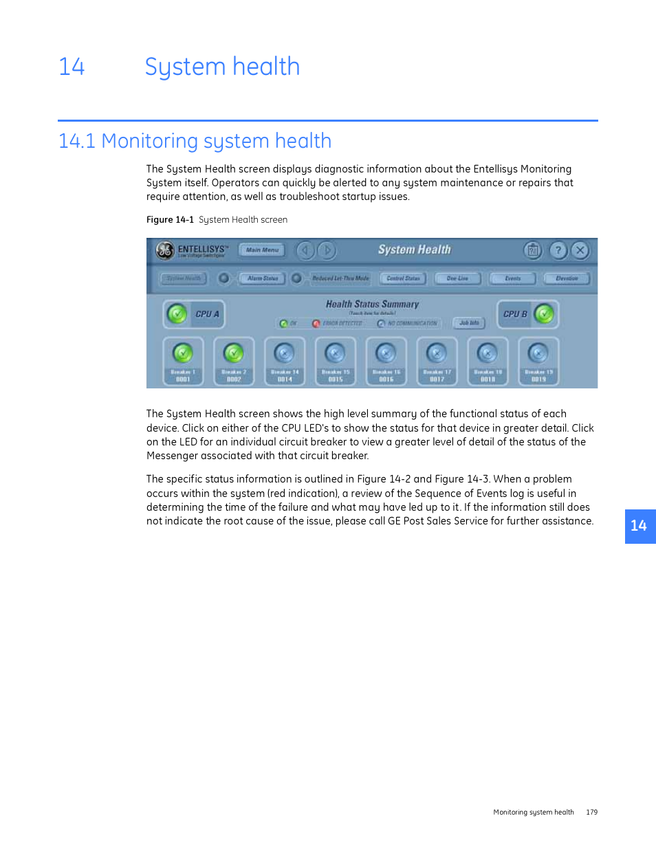 System health, 1 monitoring system health, 14 system health | GE Industrial Solutions Entellisys System User Manual User Manual | Page 179 / 238