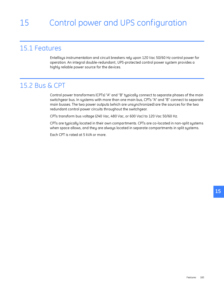 Control power and ups configuration, 1 features, 2 bus & cpt | 15 control power and ups configuration, 1 features 15.2 bus & cpt | GE Industrial Solutions Entellisys System User Manual User Manual | Page 183 / 238