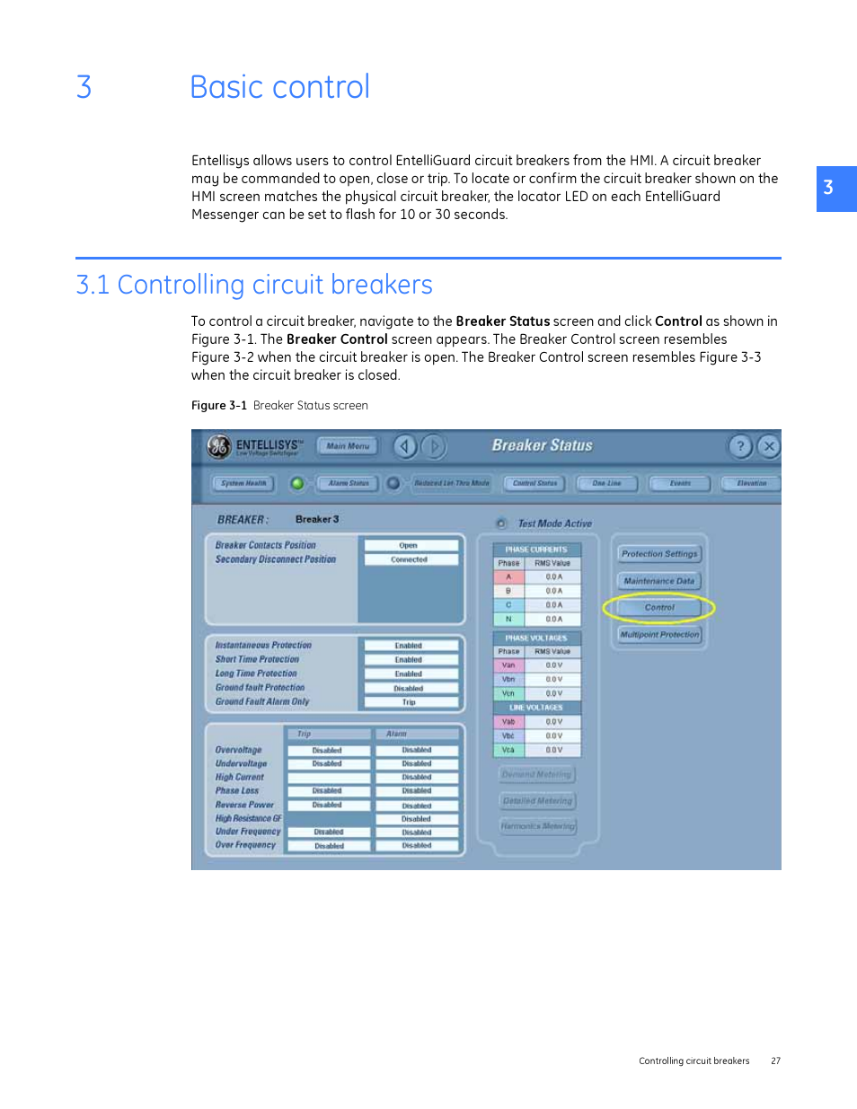 Basic control, 1 controlling circuit breakers, 3 basic control | 3basic control | GE Industrial Solutions Entellisys System User Manual User Manual | Page 27 / 238