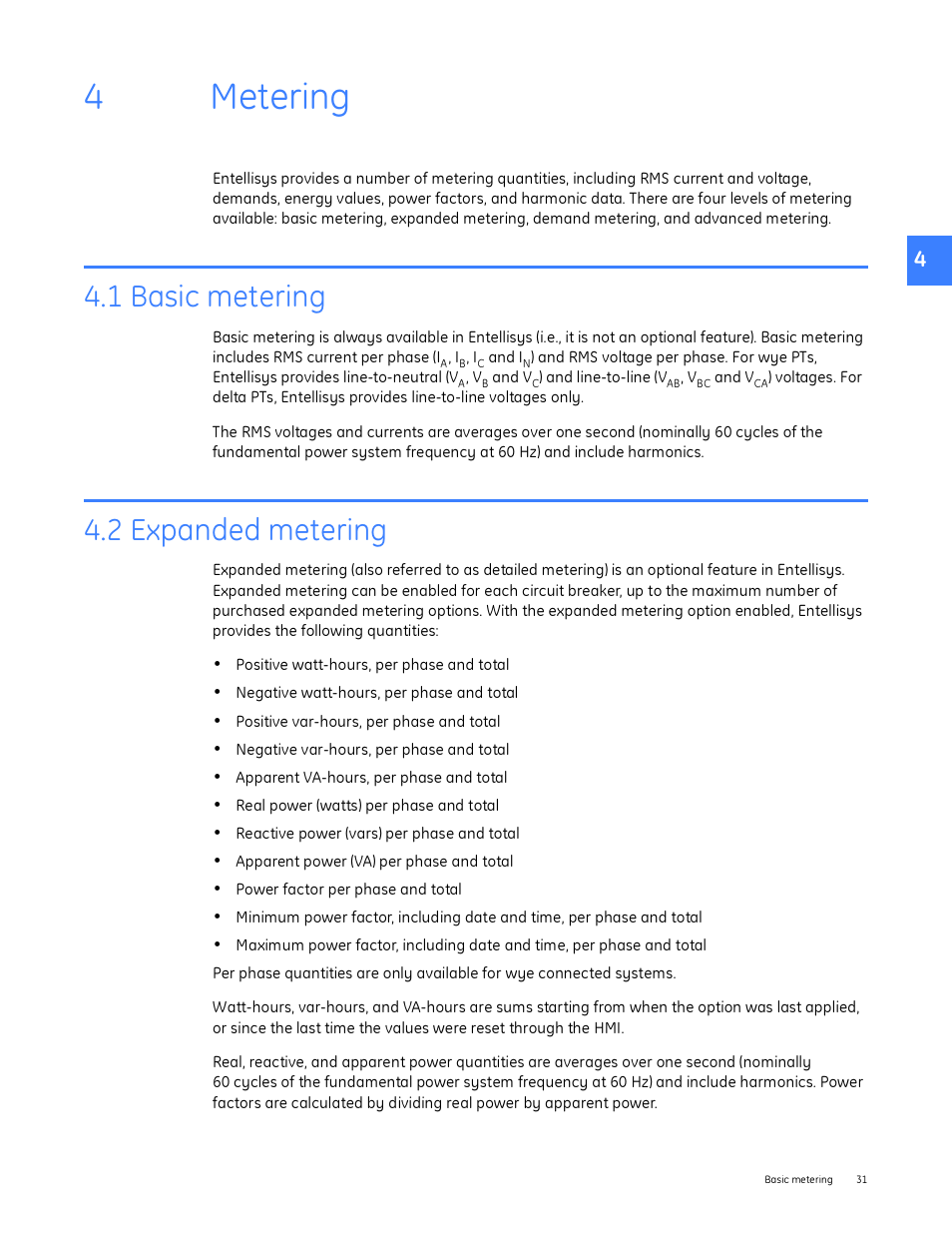 Metering, 1 basic metering, 2 expanded metering | 4 metering, 1 basic metering 4.2 expanded metering, 4metering | GE Industrial Solutions Entellisys System User Manual User Manual | Page 31 / 238