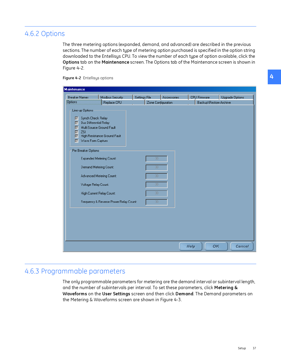 2 options, 3 programmable parameters, 2 options 4.6.3 programmable parameters | GE Industrial Solutions Entellisys System User Manual User Manual | Page 37 / 238