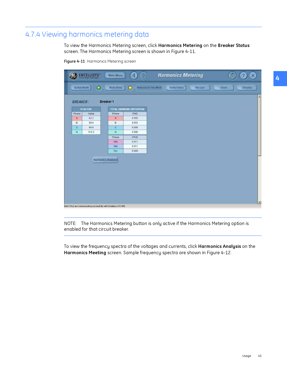 4 viewing harmonics metering data | GE Industrial Solutions Entellisys System User Manual User Manual | Page 45 / 238