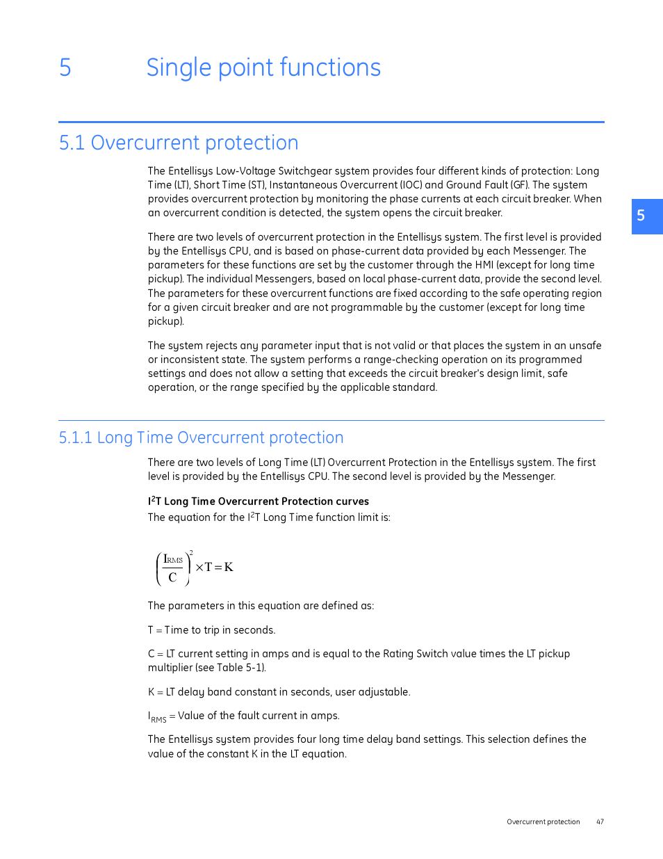 Single point functions, 1 overcurrent protection, 1 long time overcurrent protection | 5 single point functions, 5single point functions | GE Industrial Solutions Entellisys System User Manual User Manual | Page 47 / 238