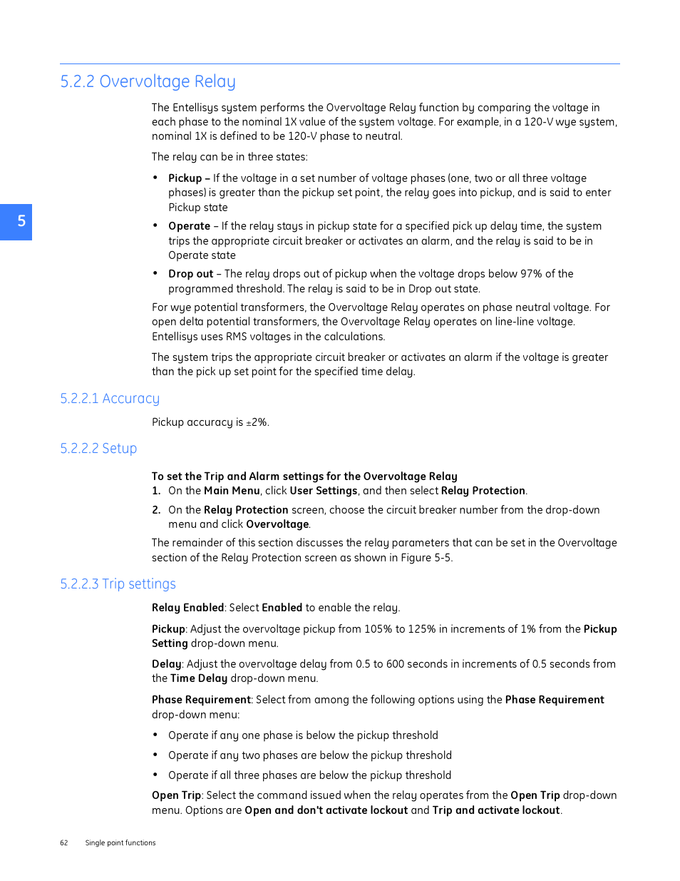 2 overvoltage relay, 1 accuracy, 2 setup | 3 trip settings, 1 accuracy 5.2.2.2 setup 5.2.2.3 trip settings | GE Industrial Solutions Entellisys System User Manual User Manual | Page 62 / 238