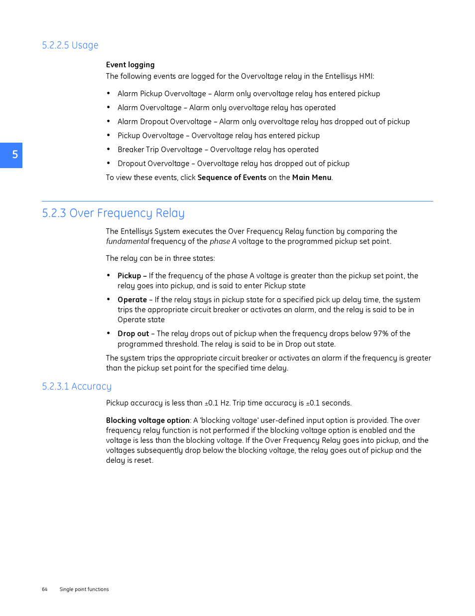 5 usage, 3 over frequency relay, 1 accuracy | GE Industrial Solutions Entellisys System User Manual User Manual | Page 64 / 238