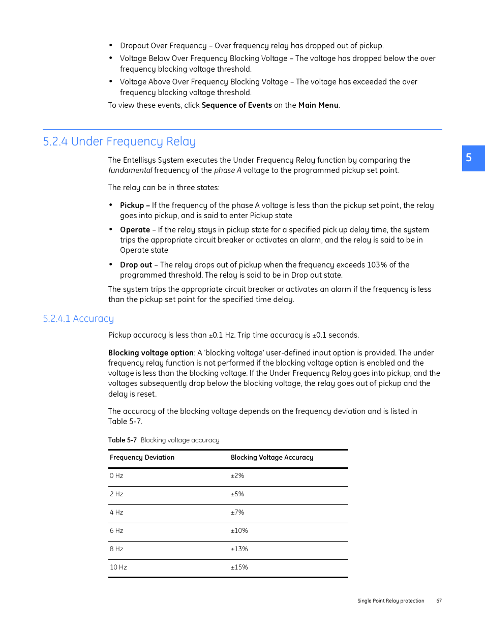 4 under frequency relay, 1 accuracy | GE Industrial Solutions Entellisys System User Manual User Manual | Page 67 / 238